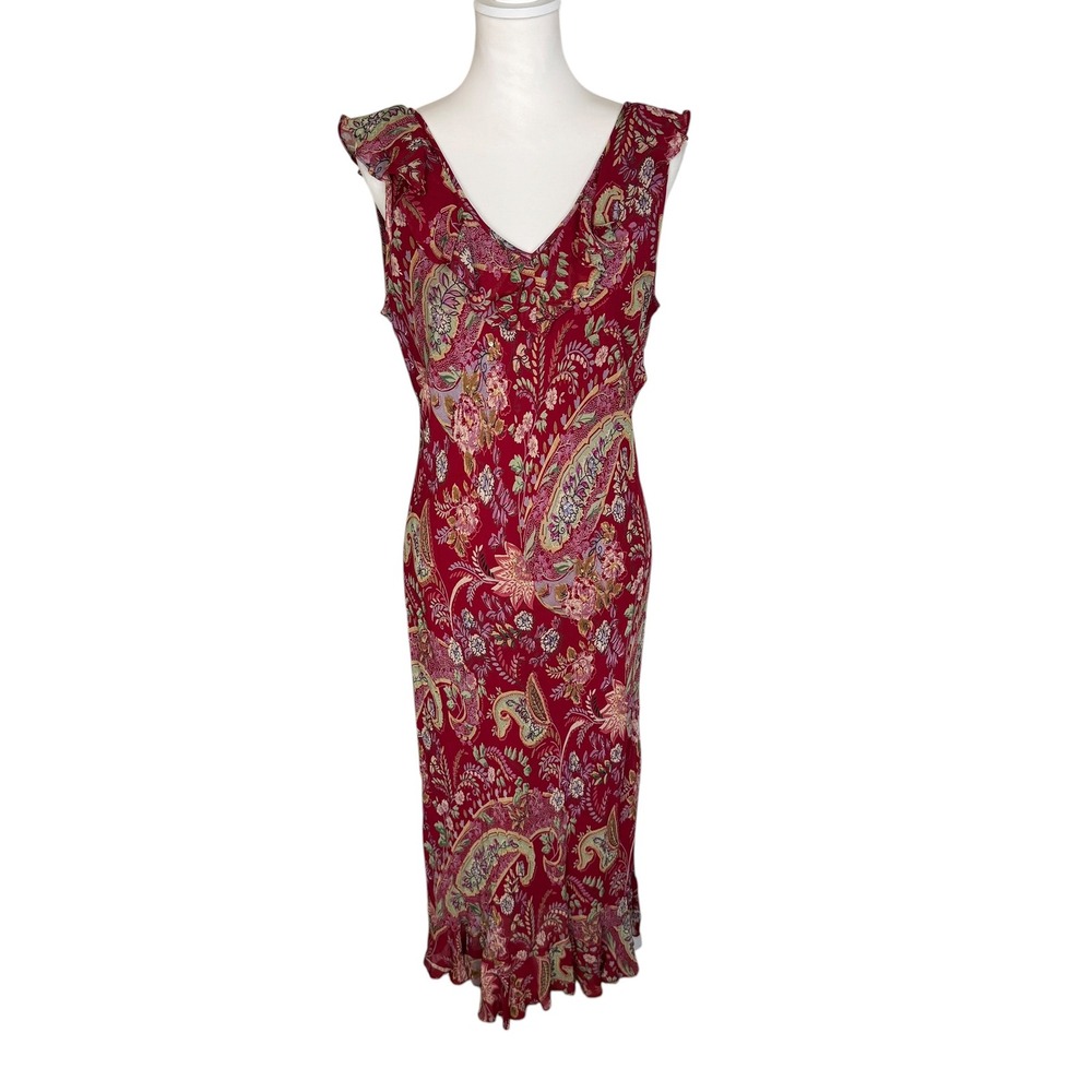 Majick Red Paisley Floral Ruffle V-Neck Sleeveless Midi Dress Large Y2K Fairy